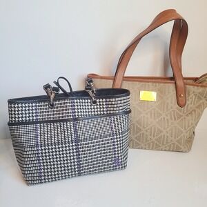 Vntg LRL‎ RALPH LAUREN Signature Jacquard Houndstooth Medium Bag Lot Leather